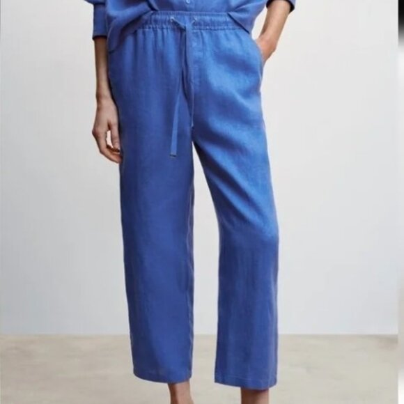 Mango MNG Blue Linen Cropped Pants Drawstring Waist Size Medium - Picture 1 of 9